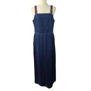 New York & Company Vintage Blue Denim Jumper Dress Maxi Midi Adjustable Straps 8
